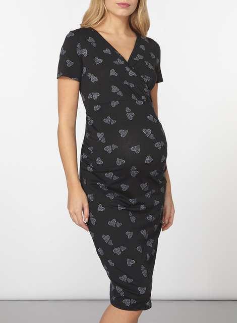 **Maternity Black Heart Ruched Wrap Dress